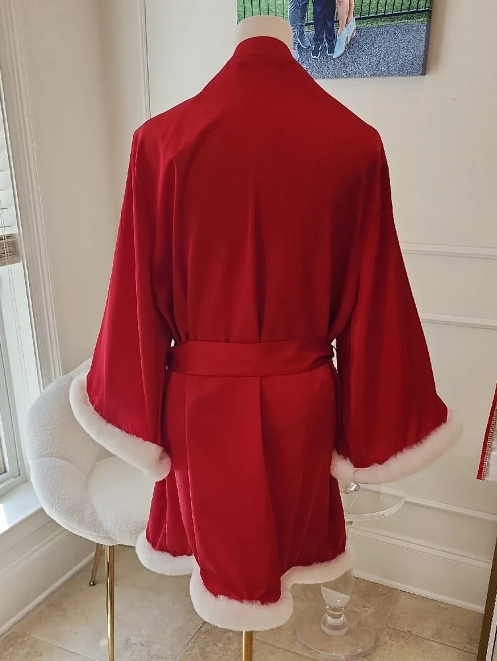 Luxurious Red Satin Robe with White Faux Fur Trim